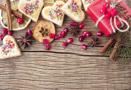 homemade cookies in the form of hearts on wooden backgroundの写真素材