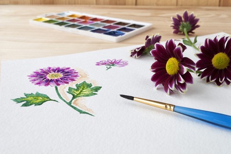 Pink flower painted with watercolor and brushes on white background.の写真素材