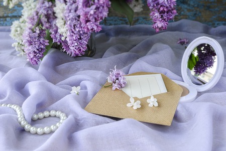 Romantic background, envelope with postcardの写真素材