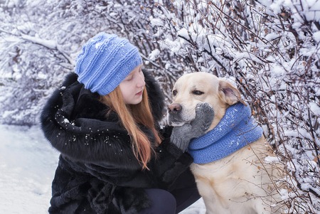 girl and dog in the winter parkの写真素材