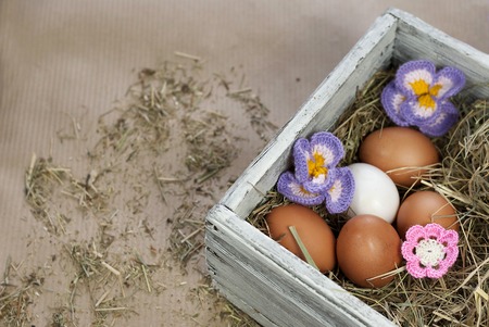 Easter eggs in vintage box. Easter decorationsの写真素材