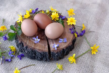 Easter eggs near flowers on wooden background, flat lay view of easter eggsの写真素材