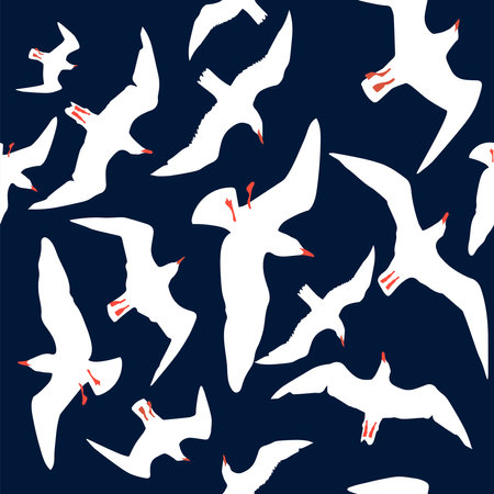 Vector seamless pattern with silhouettes of seagulls flying in the skyのイラスト素材