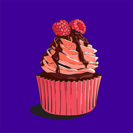 Cupcake with raspberries on a purple background. vector illustrationのイラスト素材