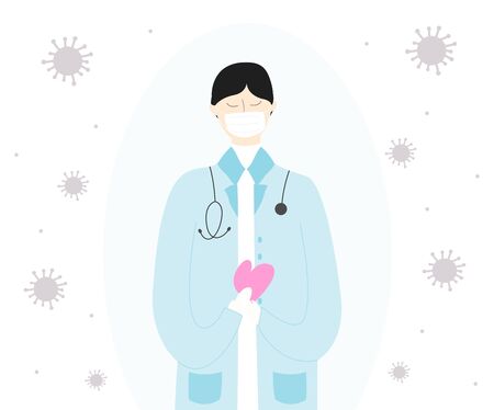 Vector concept illustration of the doctor in face mask and protection gloves holding heart, saving life from virus, disease. Standing in a safe area surrounded by danger.のイラスト素材