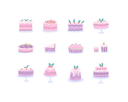 Set of different cakes, pies, puddings, cupcakes, cut off slice. Bundle of various bakery, confectionery stuff. Vector hand drawn flat style.のイラスト素材