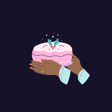 Elegant female hands with manicure and ring holding home baked cake or christmas pie. Vector hand drawn illustration. Cartoon flat style. Dark blue background. All elements are isolated.のイラスト素材