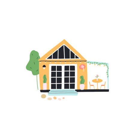 Tiny house with veranda, garden furniture, tree, small path from stones, a vine or ivy, plants in pots. Concept of downsizing compact living, life in nature. Vector hand drawn illustration.のイラスト素材