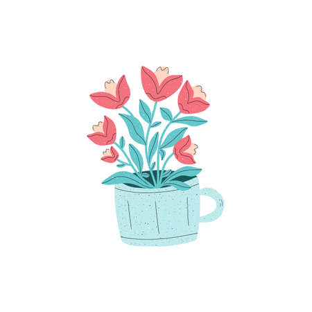 A mug with bouquet of red tulip flowers. Vector illustration with light texture, hand drawn flat style.のイラスト素材