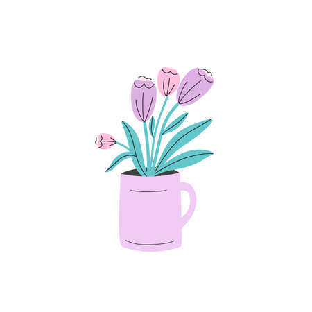 Bouquet of tulip flowers in cup. Vector illustration in soft pastel colors, hand drawn flat cartoon style.のイラスト素材
