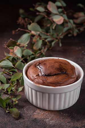 Chocolate fondant. Hot dessert. French dessert. Ceramic Bakewareの写真素材
