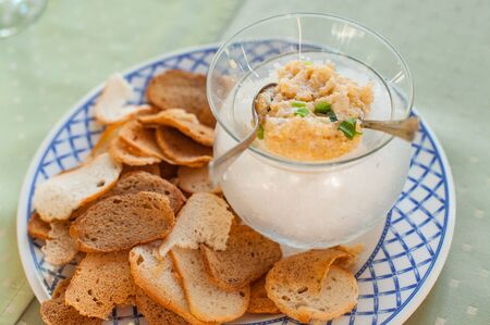 Pike caviar with croutons, gourmet meal. Served table. Selective focusの写真素材