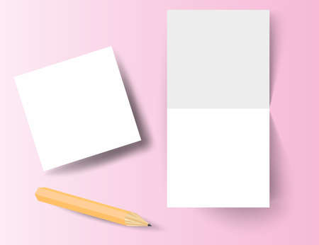3d realistic square fold brochure or invitation mockup and pencil. Mockup. Place for your text or design. Vector.のイラスト素材