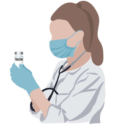 The doctor in a protective mask and gloves holds the vaccine in his hands. Medical concept. Time to vaccinateのイラスト素材