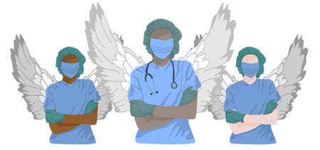 Multinational Doctors as angels protect from pandemic virus. Vector illustrationのイラスト素材