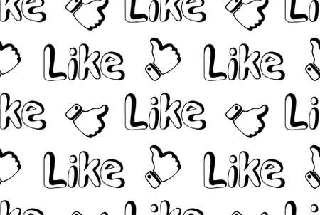 Seamless pattern of hand-drawn words Like and Thumb up on white background. Doodle style. Suitable for fabric, textile, wrapping paper, background etc.のイラスト素材