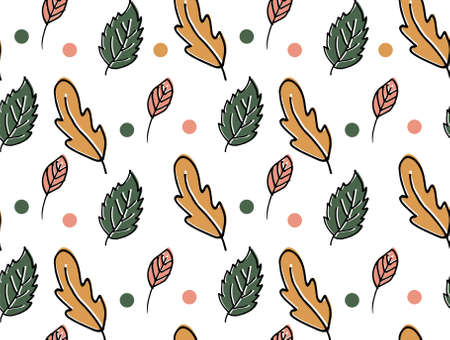 Seamless pattern hand-drawn autumn leaves on a white background. Scrapbook, gift wrapping paper, textiles. Hello, october.のイラスト素材