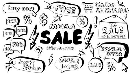 Hand drawn vector set of sale elements in doodle style. Online shopping concept. Isolated on white backgroundのイラスト素材
