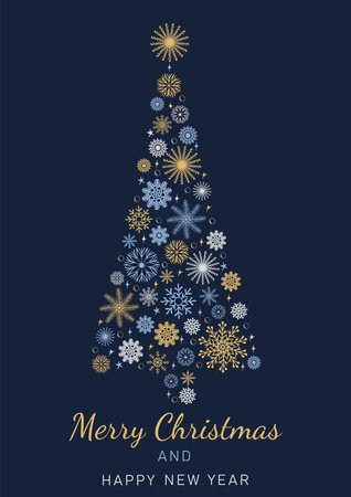 Merry Christmas and Happy New Year festive design for greeting cards. New year tree made of beautiful snowflakes in modern line art style on dark blue background. Xmas decoration. vector illustrationのイラスト素材