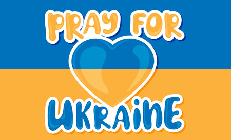 Pray for Ukraine sticker on background of ukrainian flag. Save Ukraine from russia. vector illustrationのイラスト素材