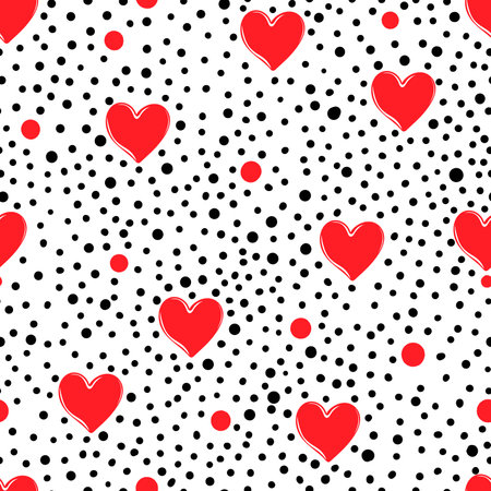 Seamless pattern of hearts and polka dot on white background. Hand drawn Valentine's Day template. Design print to social media, textile, wallpaper, wrapping paper, flyer, home decor.の写真素材
