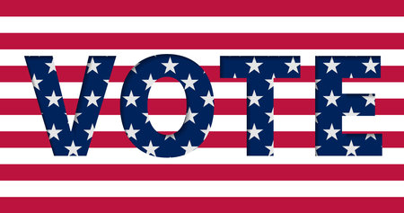 Vote text on striped background in paper cut style. Presidential election in USA. Trendy template for banner, poster, card. vector illustrationのイラスト素材