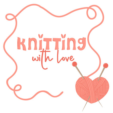 Knitting with love. Skein of wool heart shaped yarn with needles. Female hobby. Hand drawn vector illustration of knitting supplies, hobby items, leisure time conceptのイラスト素材