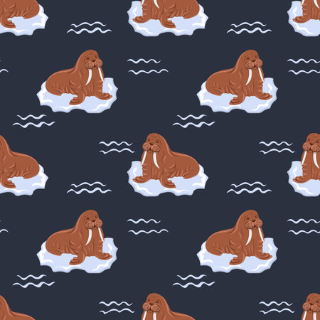 Seamless pattern with Walruses. marine dweller. Concept of sea and ocean life. kids design. Modern print for fabric, textiles, wrapping paper. vector illustrationのイラスト素材
