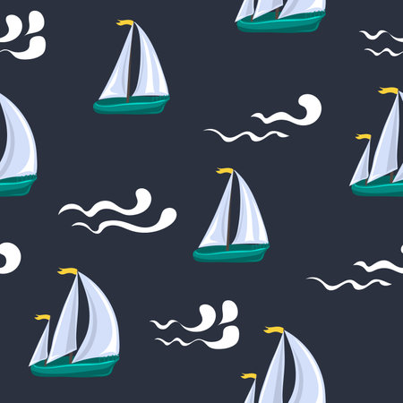 Seamless pattern with fishing and sailing boats. kids design. Modern print for fabric, textiles, wrapping paper. vector illustrationのイラスト素材