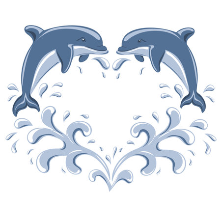 Heart shaped frame with jumping dolphins and water drops. vector illustrationのイラスト素材