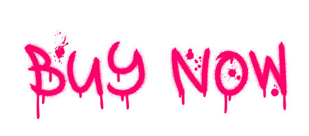 Buy now text with splash effect and drops. Urban street graffiti style. Print for banner, announcement, poster. shopping concept. Vector illustration is on white backgroundのイラスト素材