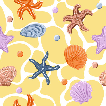 Seamless pattern with different sea shells and starfish. marine dwellers. Concept of sea and ocean life. Modern print for fabric, textiles, wrapping paper. vector illustrationのイラスト素材