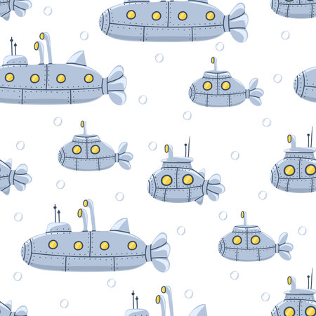 Seamless pattern with submarine with periscope. Underwater transport. Modern print for fabric, textiles, wrapping paper. vector illustrationのイラスト素材