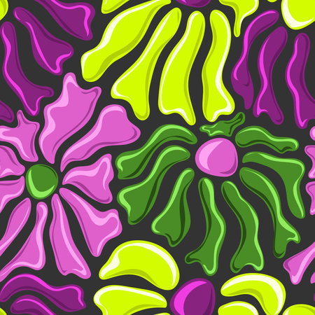 Seamless pattern with colorful retro groovy flowers on dark bsckground. Summer simple abstract design in naive art style. 60s vintage style plants. Colorful psychedelic background. vector illustrationのイラスト素材