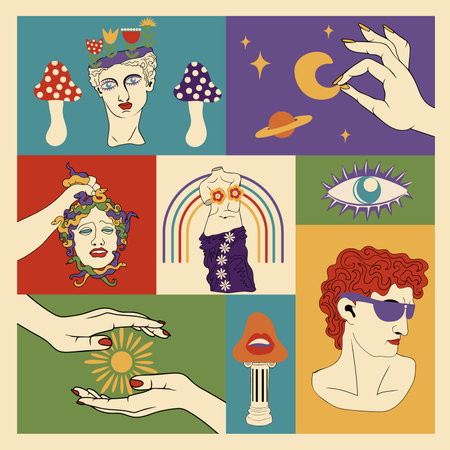 Greek ancient trippy sculpture retro poster. Vector outline illustration of modern statues and ancient elements in trendy psychedelic retro styleのイラスト素材