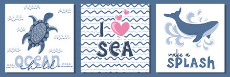 Sea cards and posters collection.Cartoon ocean animals. Hand drawn doodle whale and turtle. Ideal for greeting cards, t-shirts design, decor. vector illustrationのイラスト素材