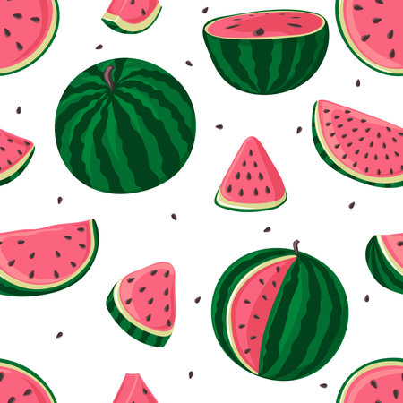 Seamless pattern with watermelons, whole, half and slices. Modern print for fabric, textiles, wrapping paper. vector illustrationのイラスト素材