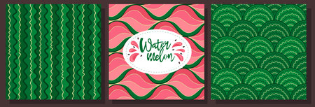 Watermelon patterns with green striped peel and red pulp with black seeds. Fruit template for summer banner, poster or card. vector illustration vector illustrationのイラスト素材