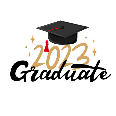 Graduate 2023. Handwritten text with graduation cap. Template for design party high school or college, graduate invitations or banner. vector illustrationのイラスト素材