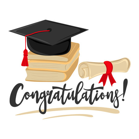 Congratulations. Handwritten text with graduation cap, books and scroll of diploma. Element for degree ceremony and educational programs design. vector illustrationのイラスト素材