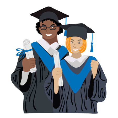 African American guy and European girl hold diplomas in their hands. Happy students with diplomas wearing academic gown and graduation cap. College graduates with education certificates. vectorのイラスト素材