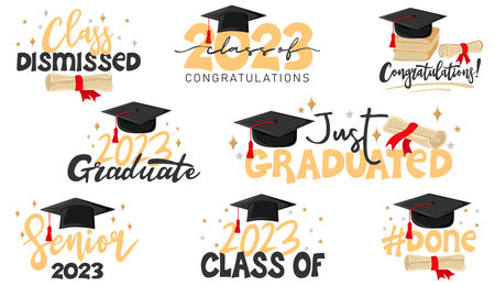 Inspiration and motivation graduation party quotes with graduation cap and scroll of diploma. Congrats grad, class of 2023. Element for degree ceremony and educational programs design. vectorのイラスト素材