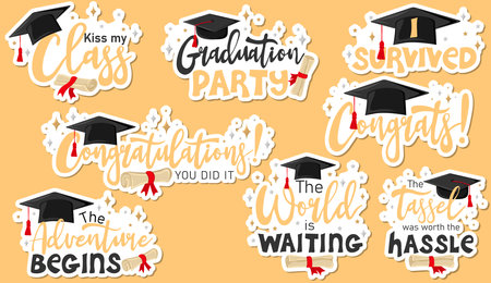 Sticker pack of inspiration and motivation graduation party quotes with graduation cap and scroll of diploma. congrats grad. vector illustrationのイラスト素材