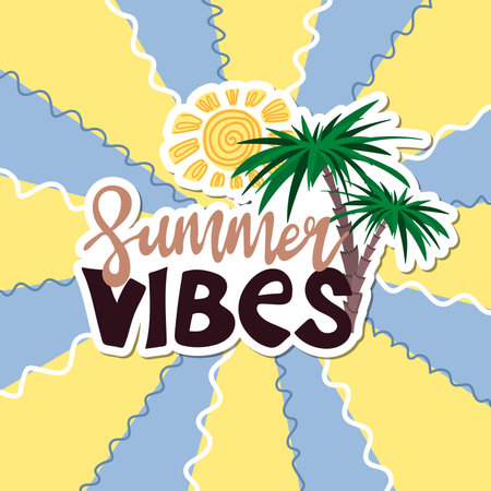 Summer vibes sticker on wavy retro background. Inspirational phrase with sun and palms. Motivational print for poster, textile, card. Summer holidays and travel concept. vector illustrationのイラスト素材