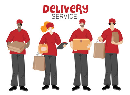 delivery service. Group of diversity people in red uniform from courier delivery services holding packages and parcels. vector illustrationのイラスト素材