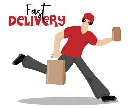 fast delivery. Running Man in red uniform from courier delivery services holding paper bags. vector illustrationのイラスト素材