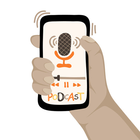 Human hand holding smartphone with app for listening podcasts on screen. Podcast concept. vector illustrationのイラスト素材