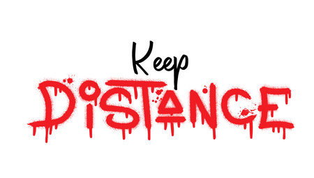 Keep distance text with splash effect and drops. Urban street graffiti style. Print for banner, announcement, poster. Vector illustration is on white backgroundのイラスト素材
