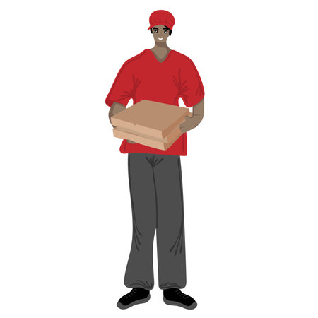 Smiling man in red uniform from courier pizza delivery services holding pizza boxes. vector illustrationのイラスト素材