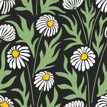 Aesthetic contemporary printable seamless pattern with chamomiles. Modern floral background for textile, fabric, wallpaper, wrapping, gift wrap, paper, scrapbook and packaging.Vector naive art printのイラスト素材